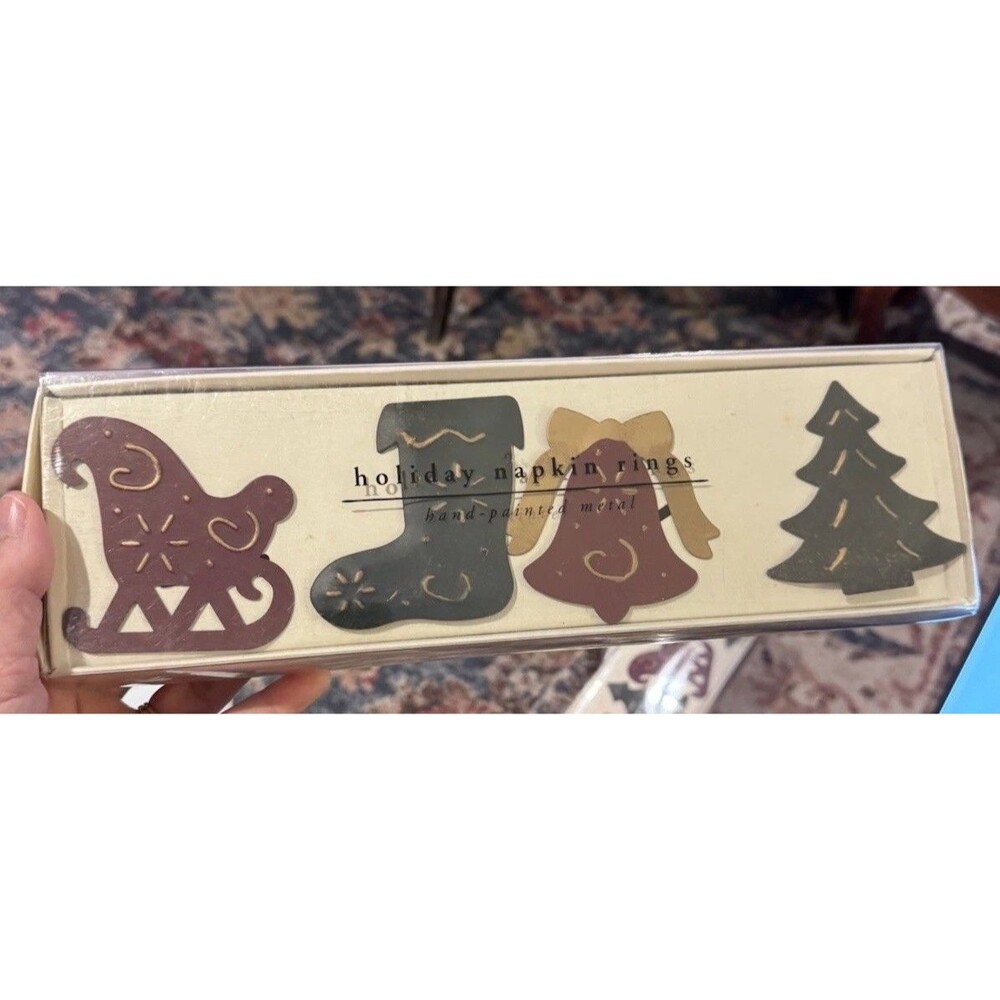 Pier 1 One Imports SET OF 4 Hand painted Metal Christmas Napkin Rings Holiday